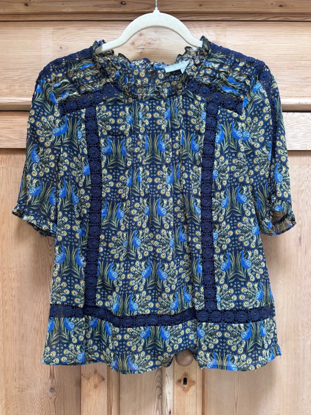 Daniel Rainn Anthropologie Navy Boho Floral Peacock Blouse Size S